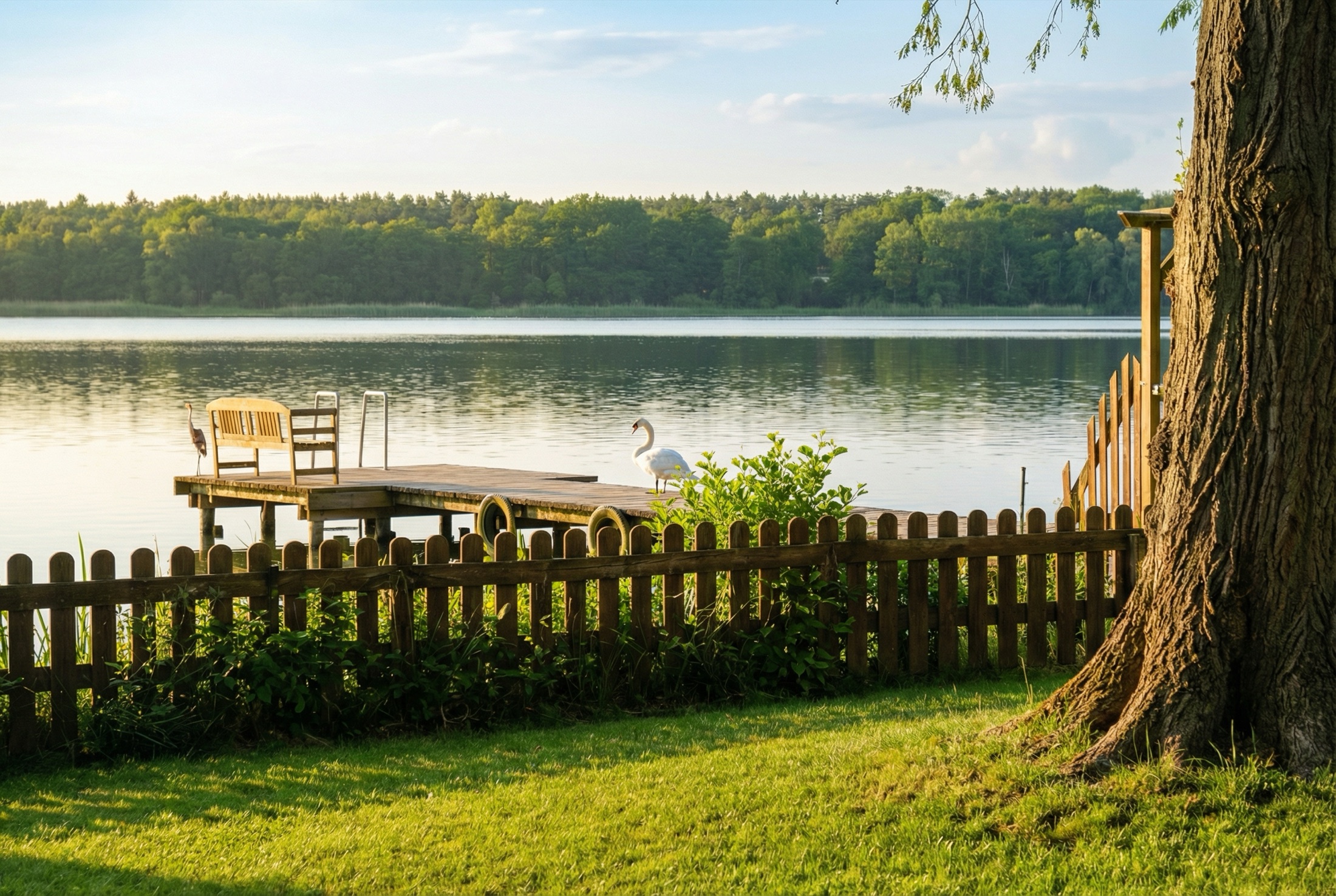 Ein gedeckter Tisch auf dem Steg am Wutzsee, unter den Bäumen des Klosterblicks